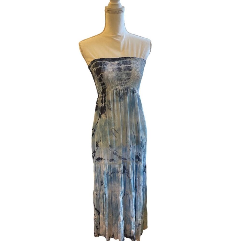 Raviya Maxi Smocked Dress Boho Blue Tie Dye Small Beachy Coastal Fairy Resort